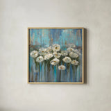 Anemones by the Lake Square by Silvia Vassileva. Shown in a natural wood glass frame for a timeless modern aesthetic. Available as an archival giclee rolled canvas, fine art paper, or poster print. SKU 97637a.