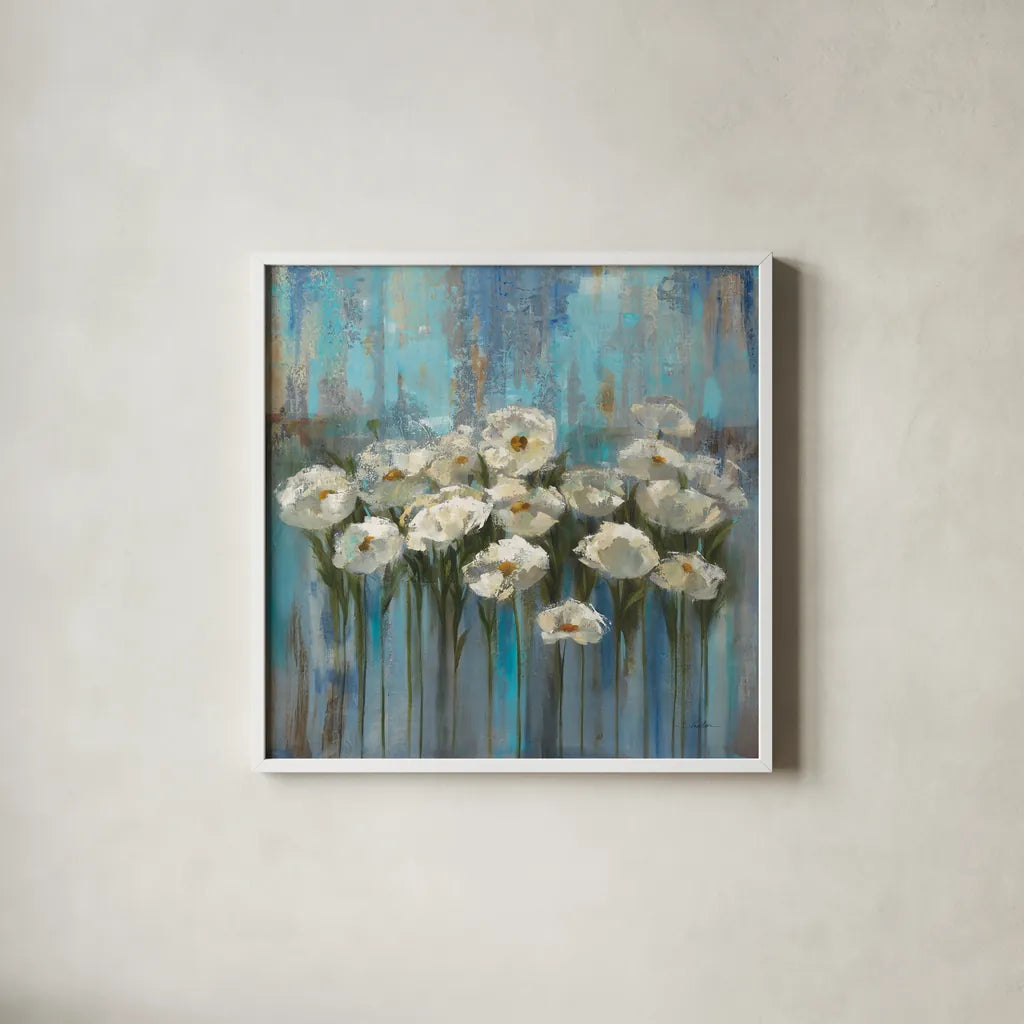 Anemones by the Lake Square by Silvia Vassileva. Shown in a crisp white glass frame for a clean and minimalist style. Available as an archival giclee rolled canvas, fine art paper, or poster print. SKU 97637a.