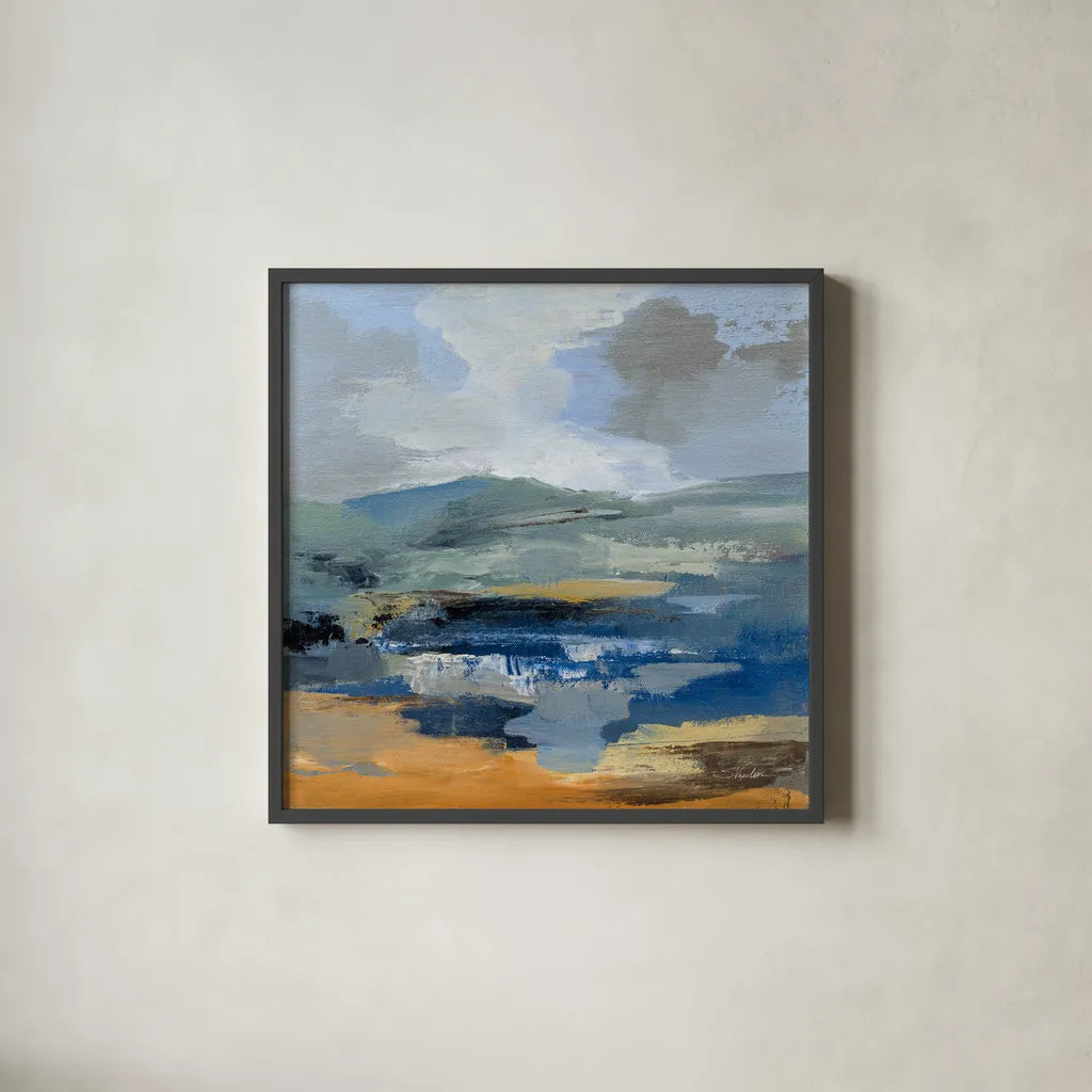 April Mountain River I by Silvia Vassileva. Shown in a sleek black glass frame for a contemporary gallery look. Available as an archival giclee rolled canvas, fine art paper, or poster print. SKU 85385a.