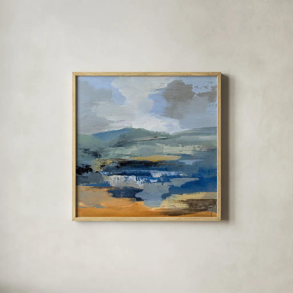 April Mountain River I by Silvia Vassileva. Shown in a natural wood glass frame for a timeless modern aesthetic. Available as an archival giclee rolled canvas, fine art paper, or poster print. SKU 85385a.