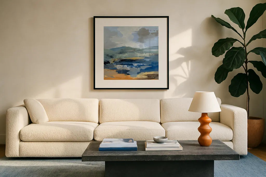 April Mountain River I by Silvia Vassileva. Displayed in a glass frame with matte in a clean modern living room. Available as an archival giclee rolled canvas, fine art paper, or poster print. SKU 85385a.