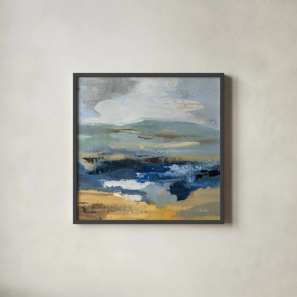 April Mountain River II by Silvia Vassileva. Shown in a sleek black glass frame for a contemporary gallery look. Available as an archival giclee rolled canvas, fine art paper, or poster print. SKU 85386a.