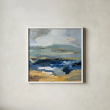 April Mountain River II by Silvia Vassileva. Shown in a crisp white glass frame for a clean and minimalist style. Available as an archival giclee rolled canvas, fine art paper, or poster print. SKU 85386a.