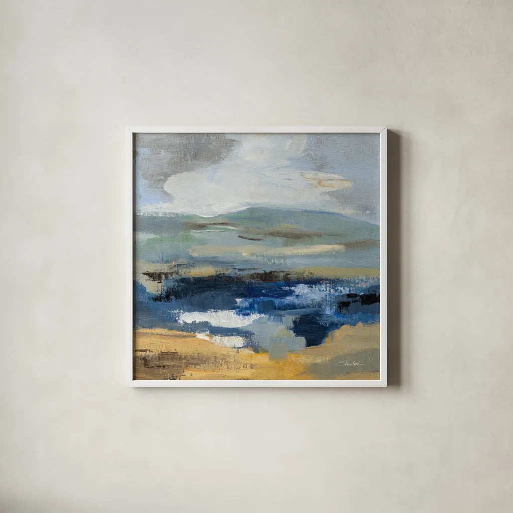 April Mountain River II by Silvia Vassileva. Shown in a crisp white glass frame for a clean and minimalist style. Available as an archival giclee rolled canvas, fine art paper, or poster print. SKU 85386a.