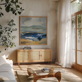 April Mountain River II by Silvia Vassileva. Shown in a natural wood frame in a cozy modern living room. Available as an archival giclee rolled canvas, fine art paper, or poster print. SKU 85386a.