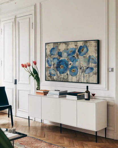 Aquamarine Floral by Silvia Vassileva. shown as a framed stretched canvas in a living room above a console. Available as a archival giclee rolled canvas, fine art paper, or poster print. SKU 7164i.