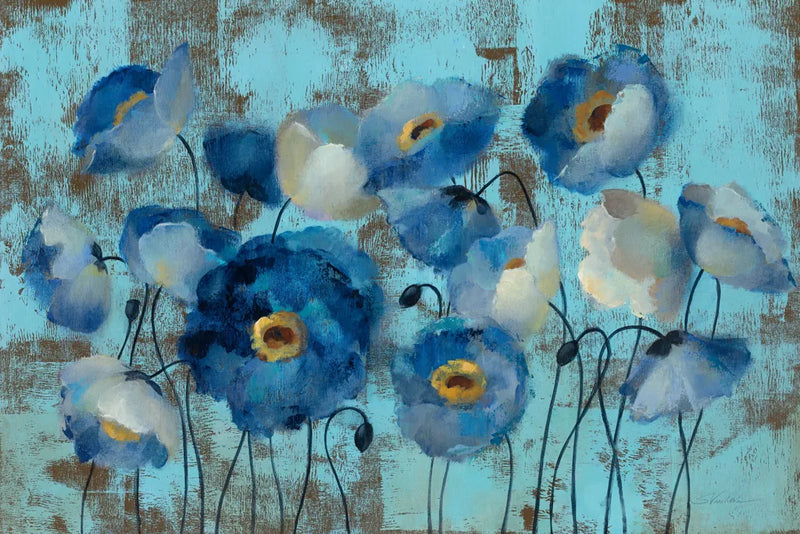 Aquamarine Floral on Blue by Silvia Vassileva. SKU 22763i. Archival Giclee Fine art print for wall decor.