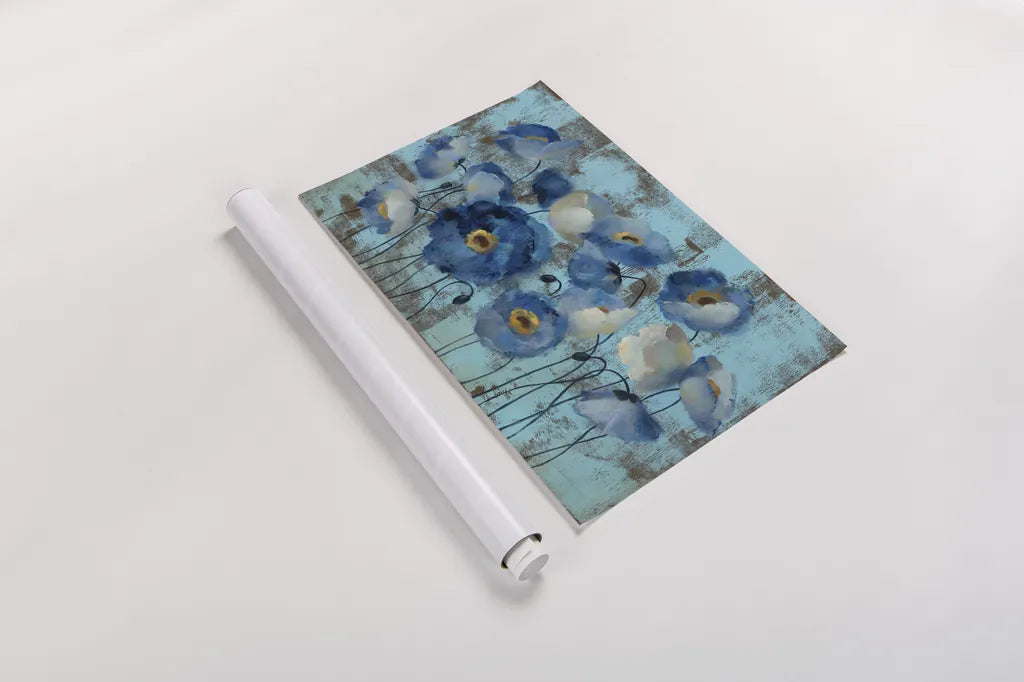 Aquamarine Floral on Blue by Silvia Vassileva. shown as a rolled paper print. Available as archival giclee rolled canvas, fine art paper, or poster print. SKU 22763i.