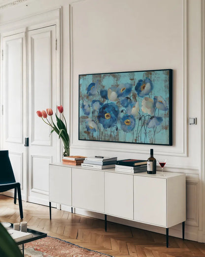 Aquamarine Floral on Blue by Silvia Vassileva. shown as a framed stretched canvas in a living room above a console. Available as a archival giclee rolled canvas, fine art paper, or poster print. SKU 22763i.