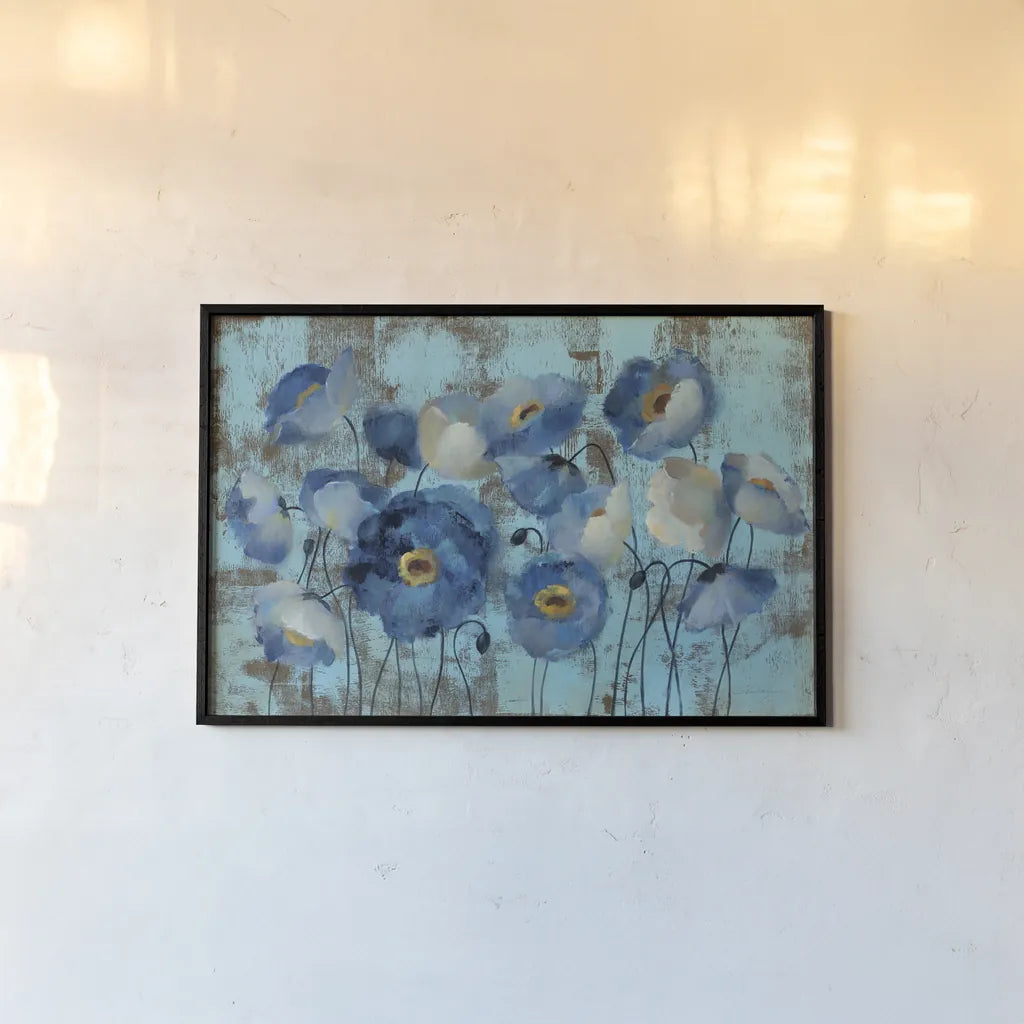 Aquamarine Floral on Blue by Silvia Vassileva. shown as a paper print in a black flame. Available as a archival giclee rolled canvas, fine art paper, or poster print. SKU 22763i.
