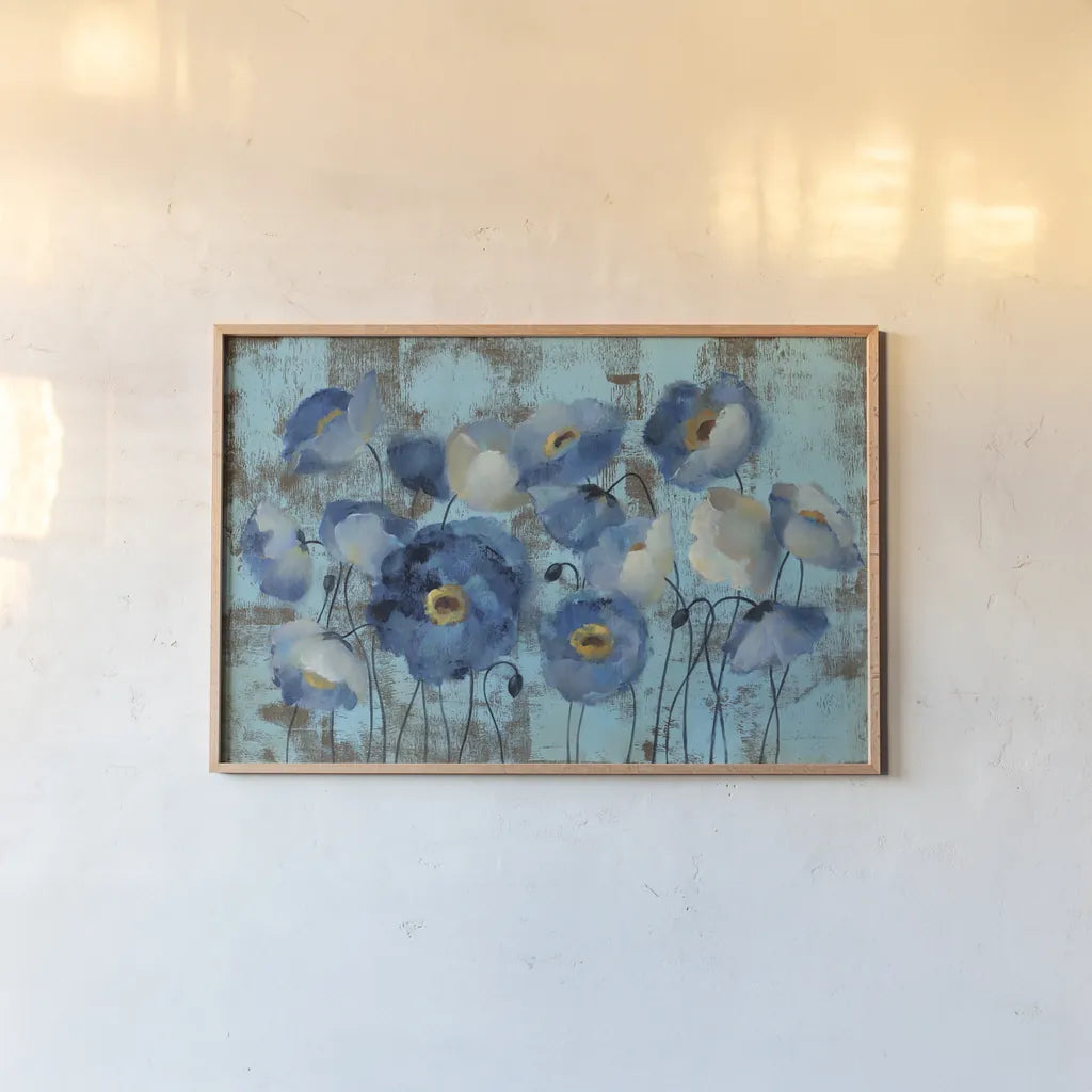 Aquamarine Floral on Blue by Silvia Vassileva. shown as a paper print in a natural frame. Available as a archival giclee rolled canvas, fine art paper, or poster print. SKU 22763i.