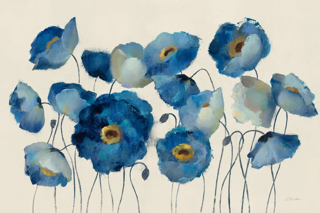 Aquamarine Floral on Cream by Silvia Vassileva. SKU 46688i. Archival Giclee Fine art print for wall decor.