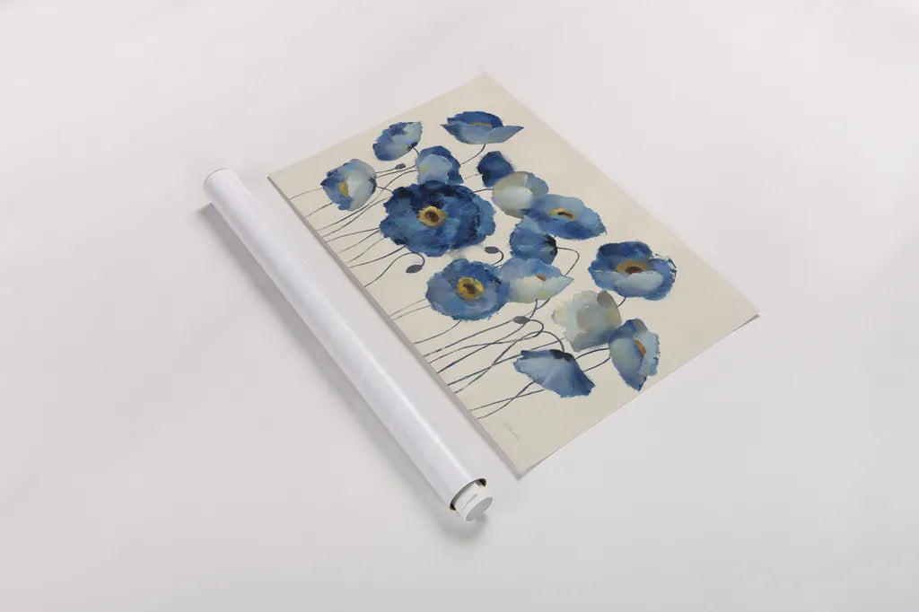Aquamarine Floral on Cream by Silvia Vassileva. shown as a rolled paper print. Available as archival giclee rolled canvas, fine art paper, or poster print. SKU 46688i.