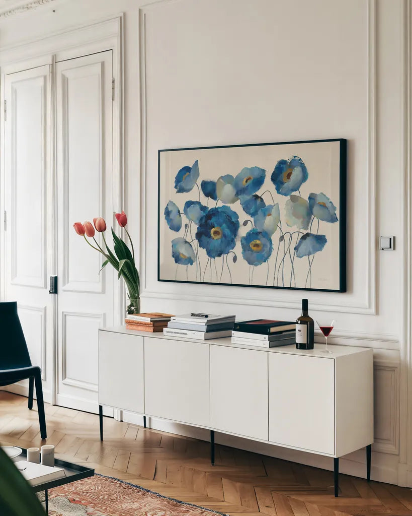 Aquamarine Floral on Cream by Silvia Vassileva. shown as a framed stretched canvas in a living room above a console. Available as a archival giclee rolled canvas, fine art paper, or poster print. SKU 46688i.