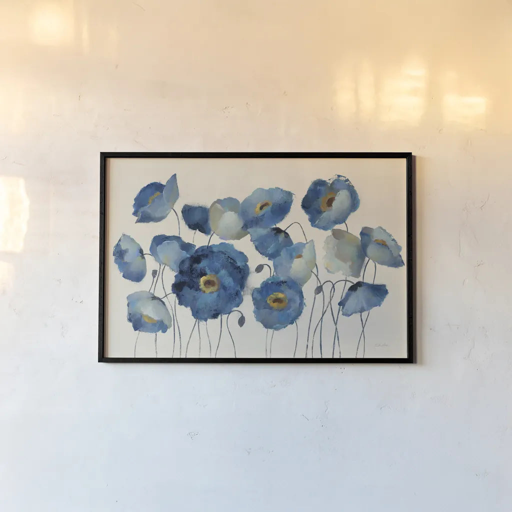 Aquamarine Floral on Cream by Silvia Vassileva. shown as a paper print in a black flame. Available as a archival giclee rolled canvas, fine art paper, or poster print. SKU 46688i.