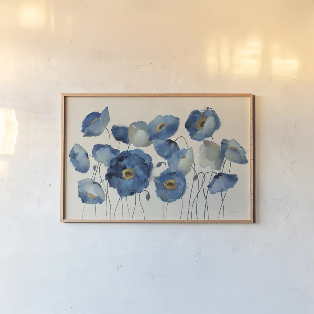 Aquamarine Floral on Cream by Silvia Vassileva. shown as a paper print in a natural frame. Available as a archival giclee rolled canvas, fine art paper, or poster print. SKU 46688i.