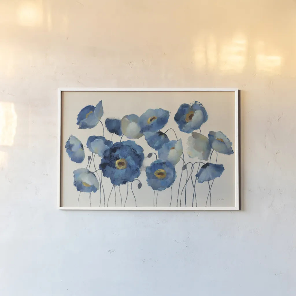 Aquamarine Floral on Cream by Silvia Vassileva. shown as a paper print in a white frame. Available as a archival giclee rolled canvas, fine art paper, or poster print. SKU 46688i.