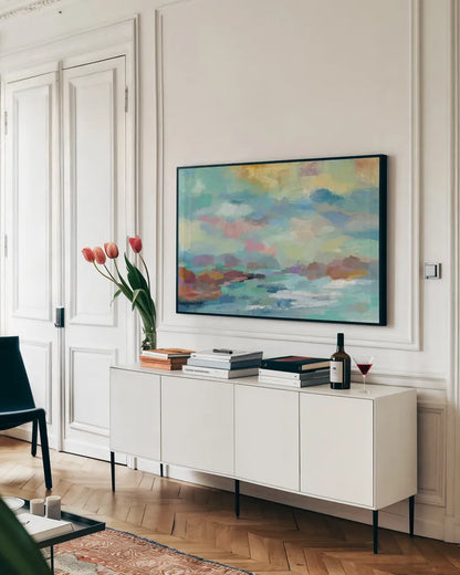 Archipelago Crop by Silvia Vassileva. shown as a framed stretched canvas in a living room above a console. Available as a archival giclee rolled canvas, fine art paper, or poster print. SKU 21878i.