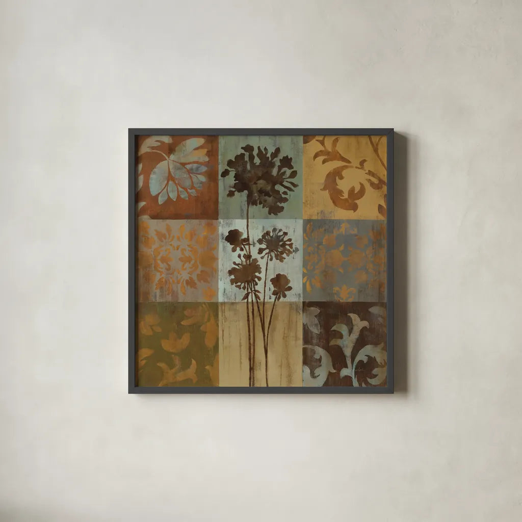 Arts and Crafts Tiles I by Silvia Vassileva. Shown in a sleek black glass frame for a contemporary gallery look. Available as an archival giclee rolled canvas, fine art paper, or poster print. SKU 6522a.