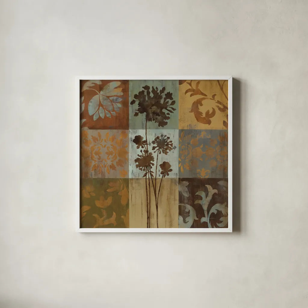 Arts and Crafts Tiles I by Silvia Vassileva. Shown in a crisp white glass frame for a clean and minimalist style. Available as an archival giclee rolled canvas, fine art paper, or poster print. SKU 6522a.