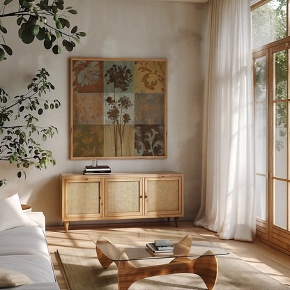 Arts and Crafts Tiles I by Silvia Vassileva. Shown in a natural wood frame in a cozy modern living room. Available as an archival giclee rolled canvas, fine art paper, or poster print. SKU 6522a.