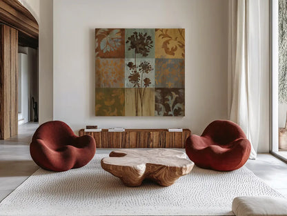 Arts and Crafts Tiles I by Silvia Vassileva. Shown as extra-large giant wall art in a modern living room. Available as an archival giclee rolled canvas, fine art paper, or poster print. SKU 6522a.