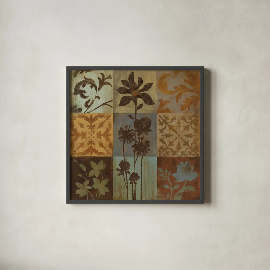 Arts and Crafts Tiles II by Silvia Vassileva. Shown in a sleek black glass frame for a contemporary gallery look. Available as an archival giclee rolled canvas, fine art paper, or poster print. SKU 6523a.