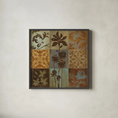 Arts and Crafts Tiles II by Silvia Vassileva. Shown in a sleek black glass frame for a contemporary gallery look. Available as an archival giclee rolled canvas, fine art paper, or poster print. SKU 6523a.