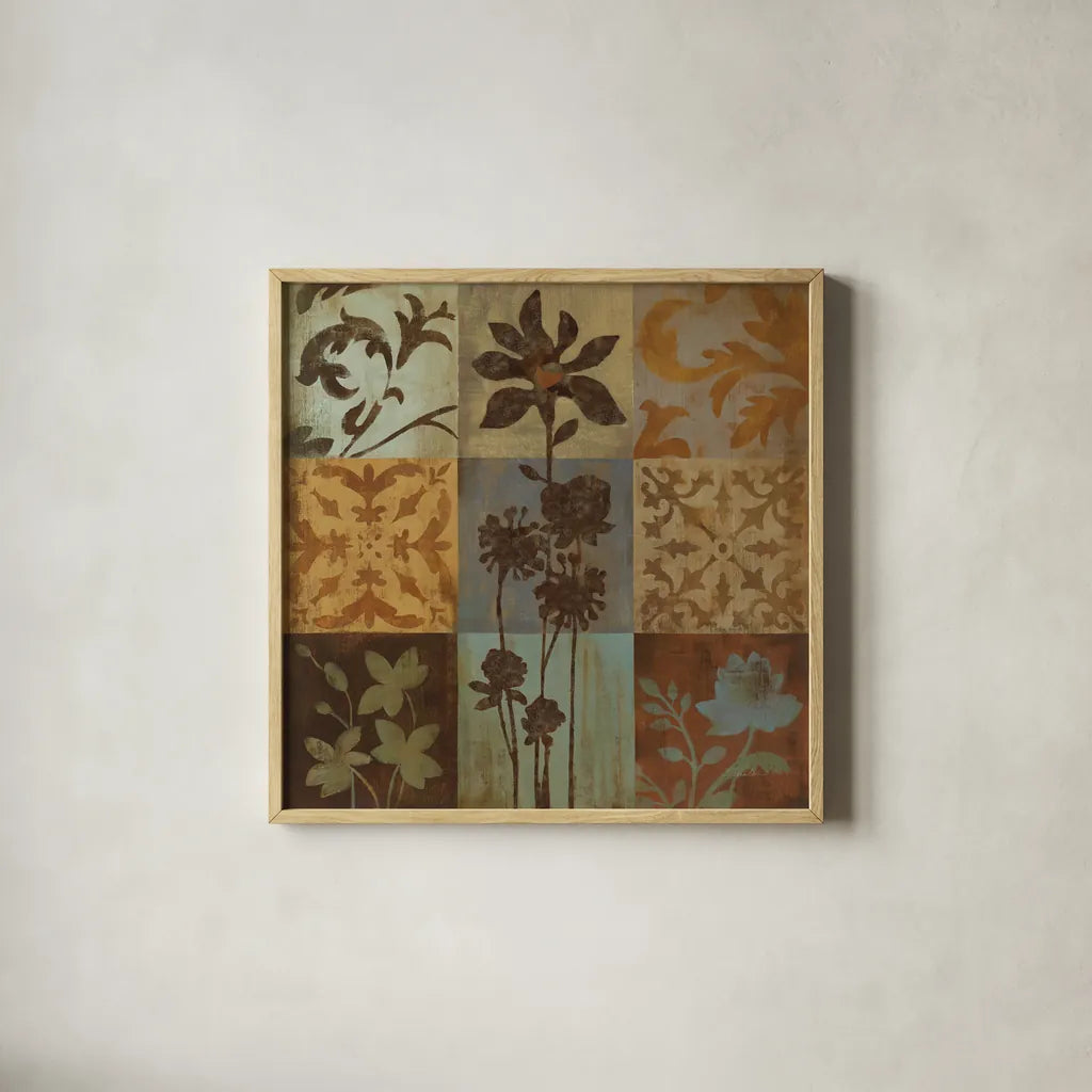 Arts and Crafts Tiles II by Silvia Vassileva. Shown in a natural wood glass frame for a timeless modern aesthetic. Available as an archival giclee rolled canvas, fine art paper, or poster print. SKU 6523a.