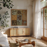 Arts and Crafts Tiles II by Silvia Vassileva. Shown in a natural wood frame in a cozy modern living room. Available as an archival giclee rolled canvas, fine art paper, or poster print. SKU 6523a.