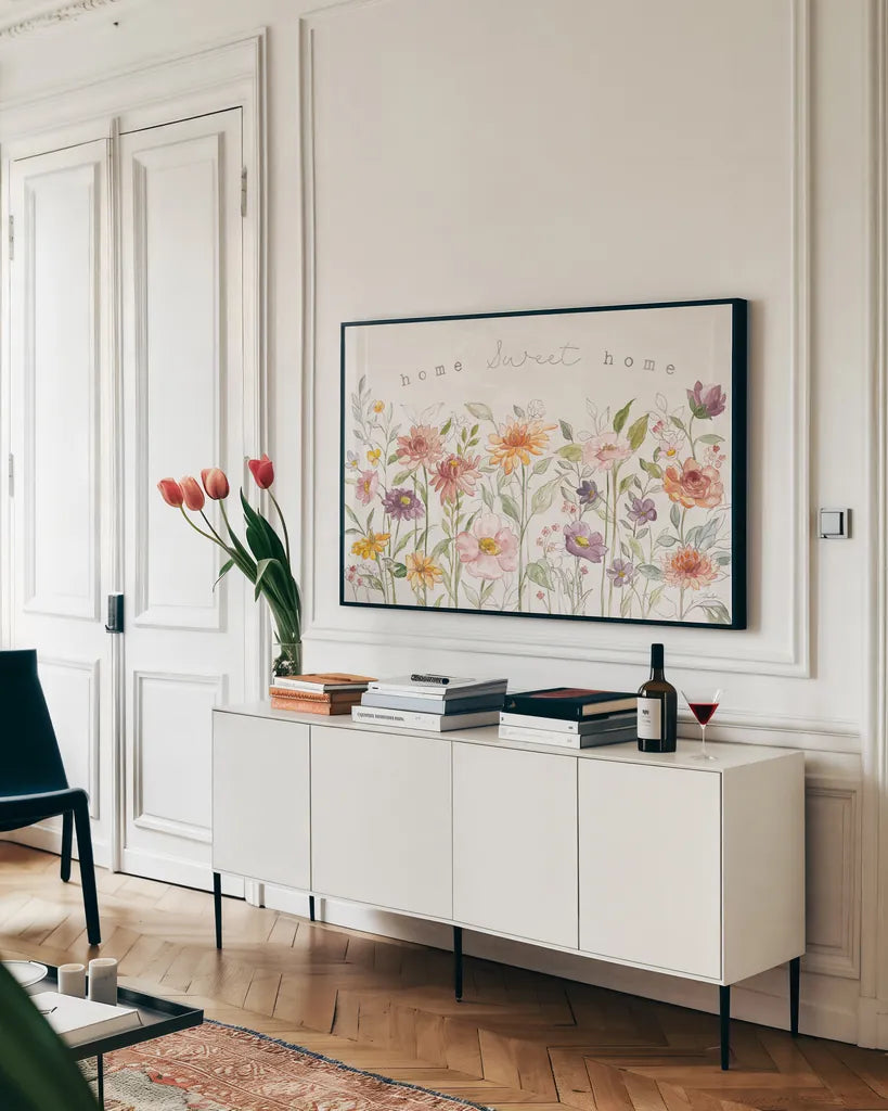 August Blooms I by Silvia Vassileva. shown as a framed stretched canvas in a living room above a console. Available as a archival giclee rolled canvas, fine art paper, or poster print. SKU 76226i.