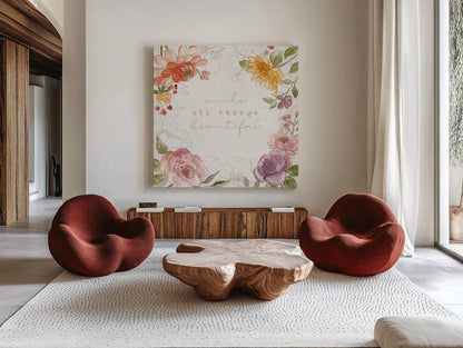 August Blooms IX by Silvia Vassileva. Shown as extra-large giant wall art in a modern living room. Available as an archival giclee rolled canvas, fine art paper, or poster print. SKU 76234a.
