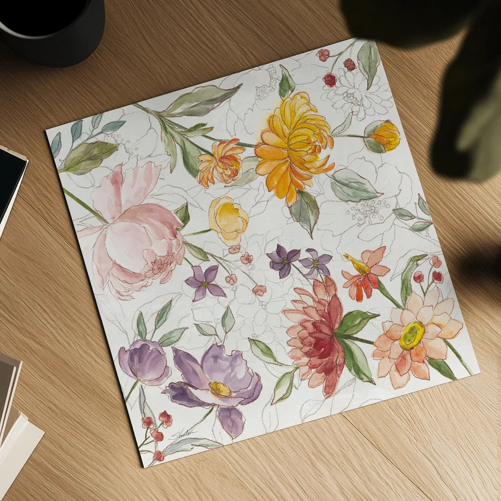 August Blooms V by Silvia Vassileva. Shown as a detailed flat fine art print, highlighting archival giclee quality. Available as an archival giclee rolled canvas, fine art paper, or poster print. SKU 76230a.