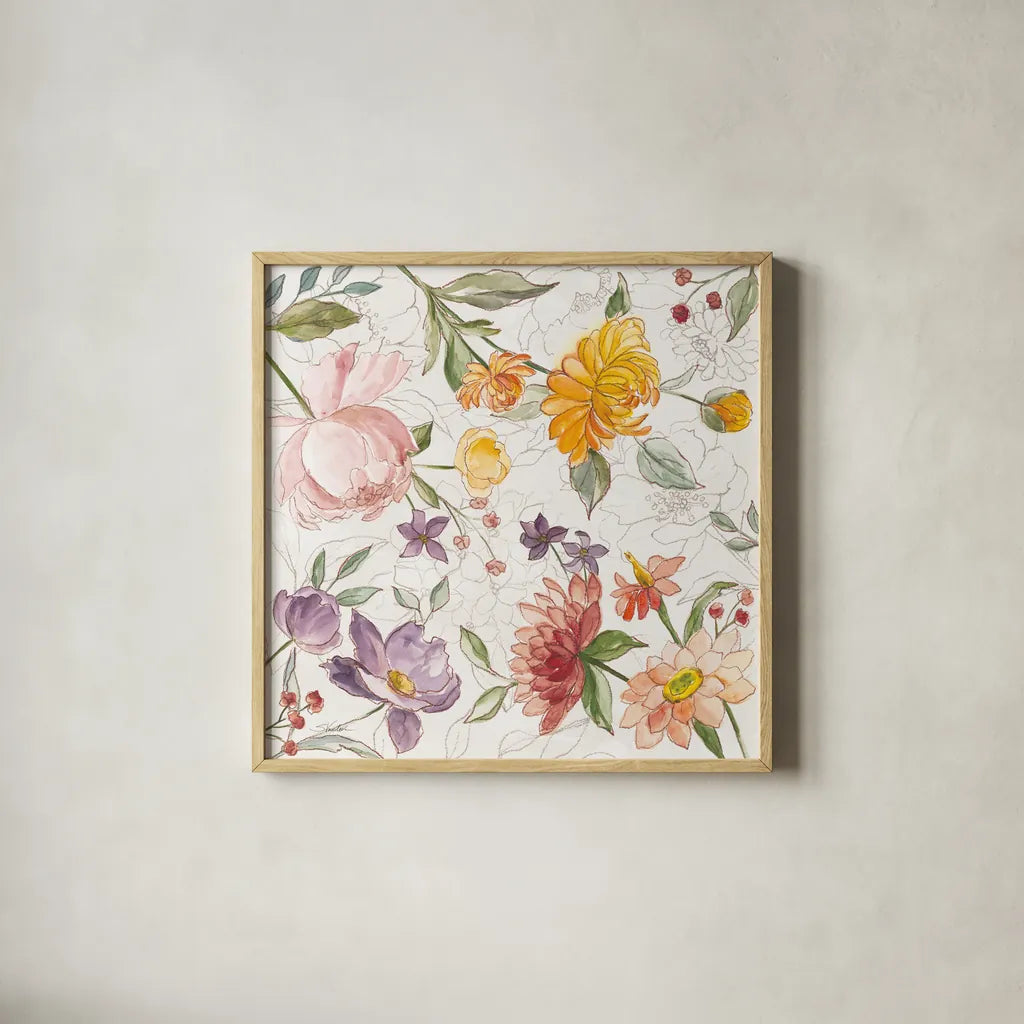 August Blooms V by Silvia Vassileva. Shown in a natural wood glass frame for a timeless modern aesthetic. Available as an archival giclee rolled canvas, fine art paper, or poster print. SKU 76230a.