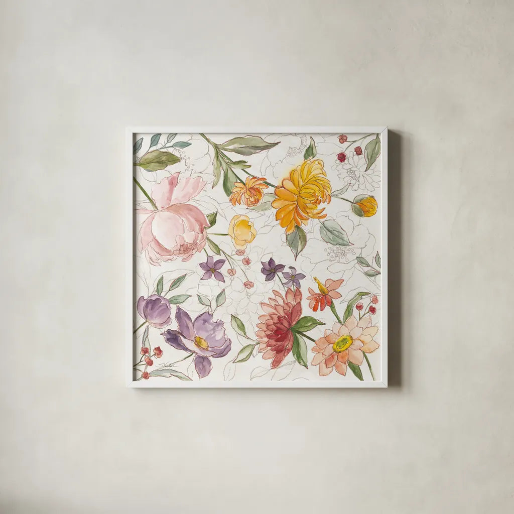 August Blooms V by Silvia Vassileva. Shown in a crisp white glass frame for a clean and minimalist style. Available as an archival giclee rolled canvas, fine art paper, or poster print. SKU 76230a.