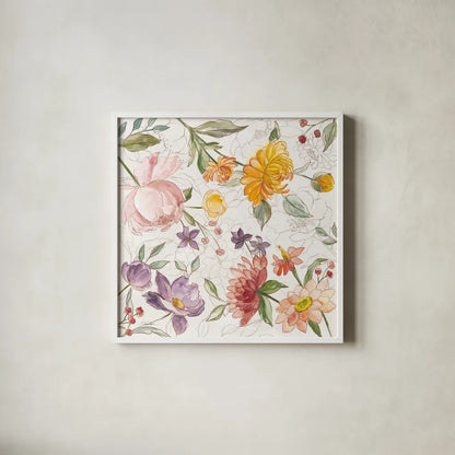 August Blooms V by Silvia Vassileva. Shown in a crisp white glass frame for a clean and minimalist style. Available as an archival giclee rolled canvas, fine art paper, or poster print. SKU 76230a.