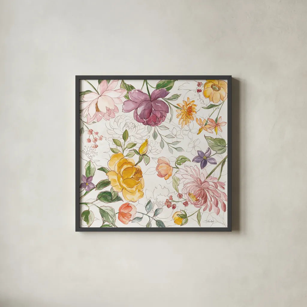 August Blooms VI by Silvia Vassileva. Shown in a sleek black glass frame for a contemporary gallery look. Available as an archival giclee rolled canvas, fine art paper, or poster print. SKU 76231a.