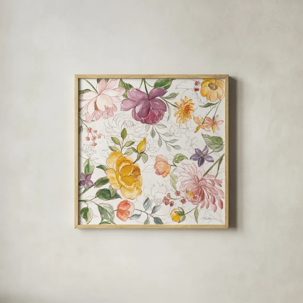 August Blooms VI by Silvia Vassileva. Shown in a natural wood glass frame for a timeless modern aesthetic. Available as an archival giclee rolled canvas, fine art paper, or poster print. SKU 76231a.