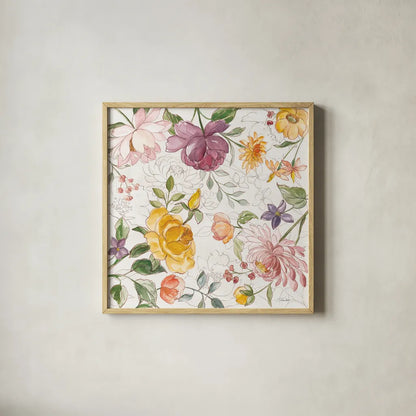 August Blooms VI by Silvia Vassileva. Shown in a natural wood glass frame for a timeless modern aesthetic. Available as an archival giclee rolled canvas, fine art paper, or poster print. SKU 76231a.