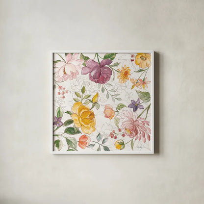August Blooms VI by Silvia Vassileva. Shown in a crisp white glass frame for a clean and minimalist style. Available as an archival giclee rolled canvas, fine art paper, or poster print. SKU 76231a.