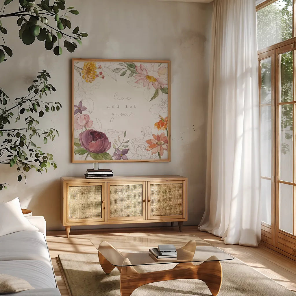 August Blooms VIII by Silvia Vassileva. Shown in a natural wood frame in a cozy modern living room. Available as an archival giclee rolled canvas, fine art paper, or poster print. SKU 76233a.