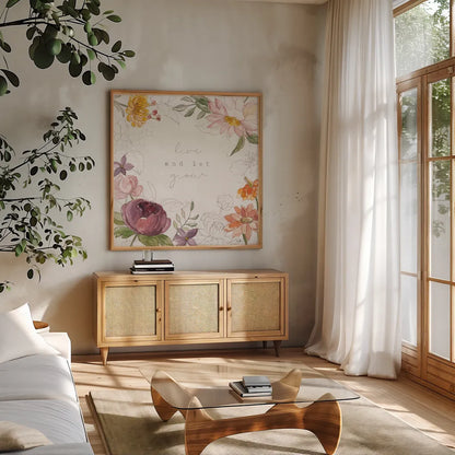 August Blooms VIII by Silvia Vassileva. Shown in a natural wood frame in a cozy modern living room. Available as an archival giclee rolled canvas, fine art paper, or poster print. SKU 76233a.