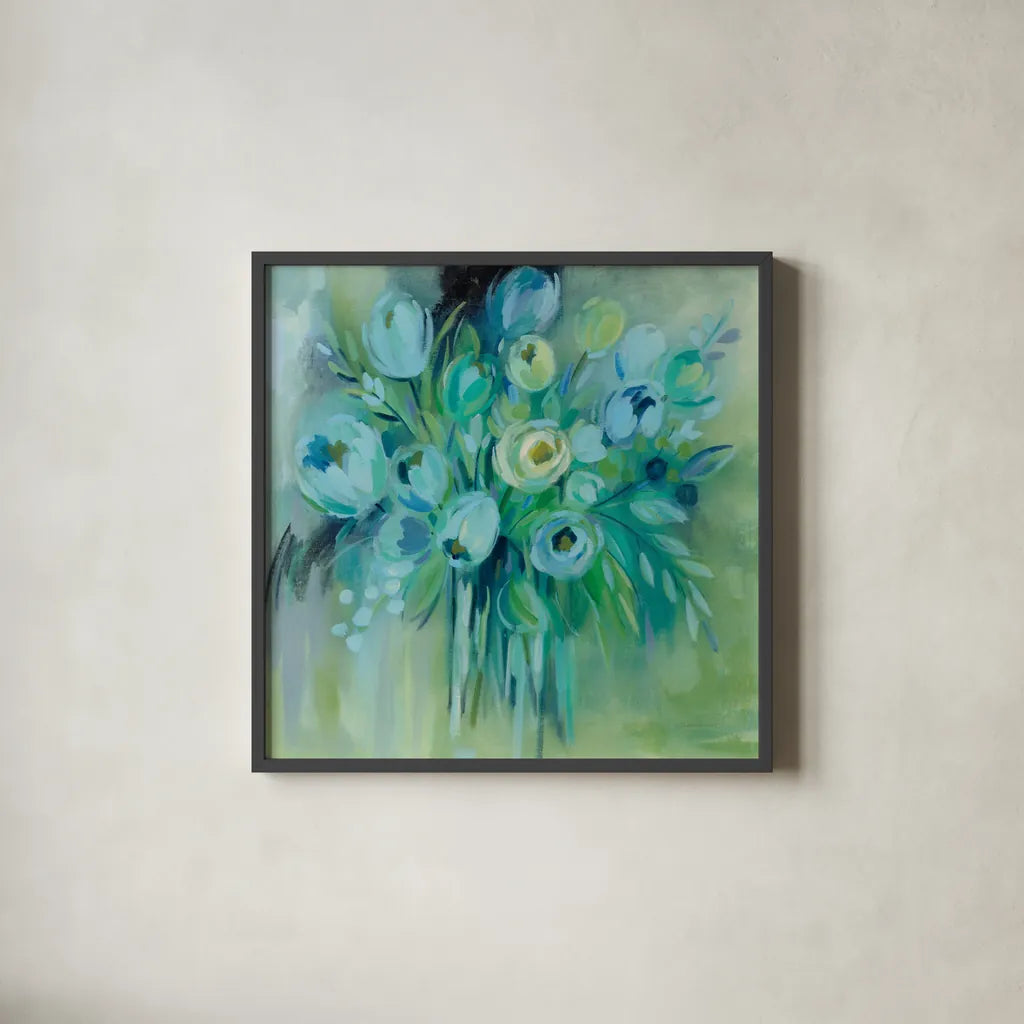 Aurora Borealis Florals by Silvia Vassileva. Shown in a sleek black glass frame for a contemporary gallery look. Available as an archival giclee rolled canvas, fine art paper, or poster print. SKU 59953a.