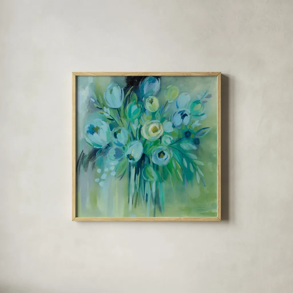 Aurora Borealis Florals by Silvia Vassileva. Shown in a natural wood glass frame for a timeless modern aesthetic. Available as an archival giclee rolled canvas, fine art paper, or poster print. SKU 59953a.