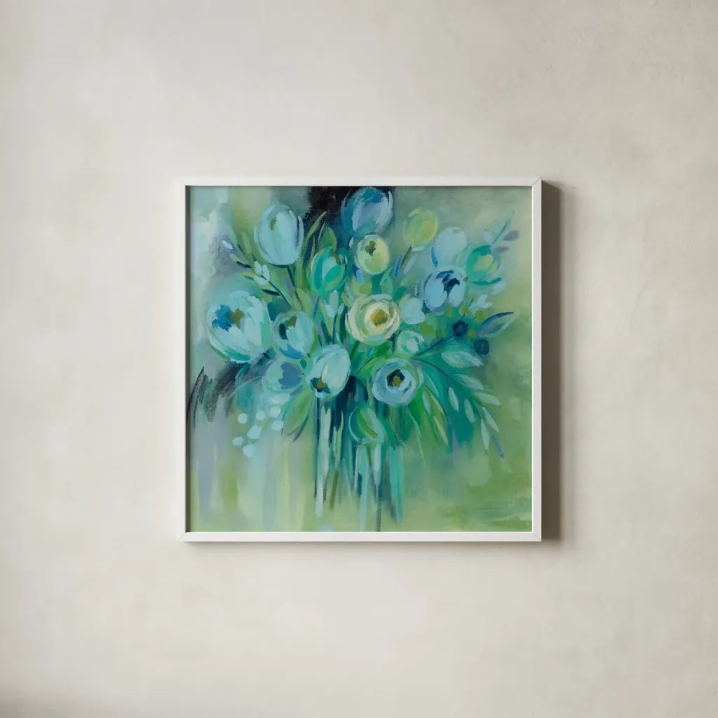Aurora Borealis Florals by Silvia Vassileva. Shown in a crisp white glass frame for a clean and minimalist style. Available as an archival giclee rolled canvas, fine art paper, or poster print. SKU 59953a.