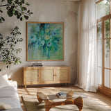 Aurora Borealis Florals by Silvia Vassileva. Shown in a natural wood frame in a cozy modern living room. Available as an archival giclee rolled canvas, fine art paper, or poster print. SKU 59953a.
