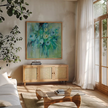 Aurora Borealis Florals by Silvia Vassileva. Shown in a natural wood frame in a cozy modern living room. Available as an archival giclee rolled canvas, fine art paper, or poster print. SKU 59953a.