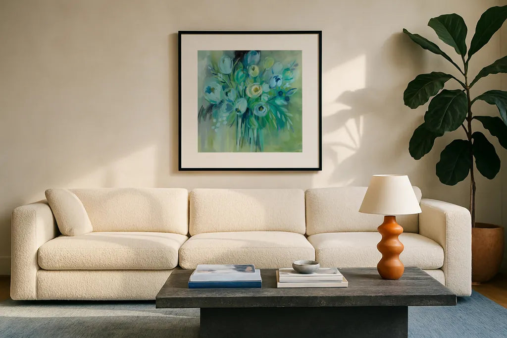 Aurora Borealis Florals by Silvia Vassileva. Displayed in a glass frame with matte in a clean modern living room. Available as an archival giclee rolled canvas, fine art paper, or poster print. SKU 59953a.