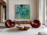 Aurora Borealis Florals by Silvia Vassileva. Shown as extra-large giant wall art in a modern living room. Available as an archival giclee rolled canvas, fine art paper, or poster print. SKU 59953a.
