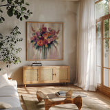 Autumn Bouquet by Silvia Vassileva. Shown in a natural wood frame in a cozy modern living room. Available as an archival giclee rolled canvas, fine art paper, or poster print. SKU 47326a.
